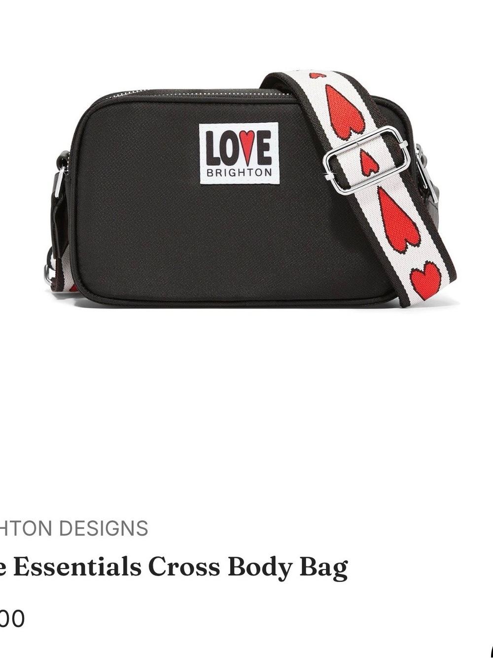 Brighton Black Crossbody Bag with White Strap and Red Hearts